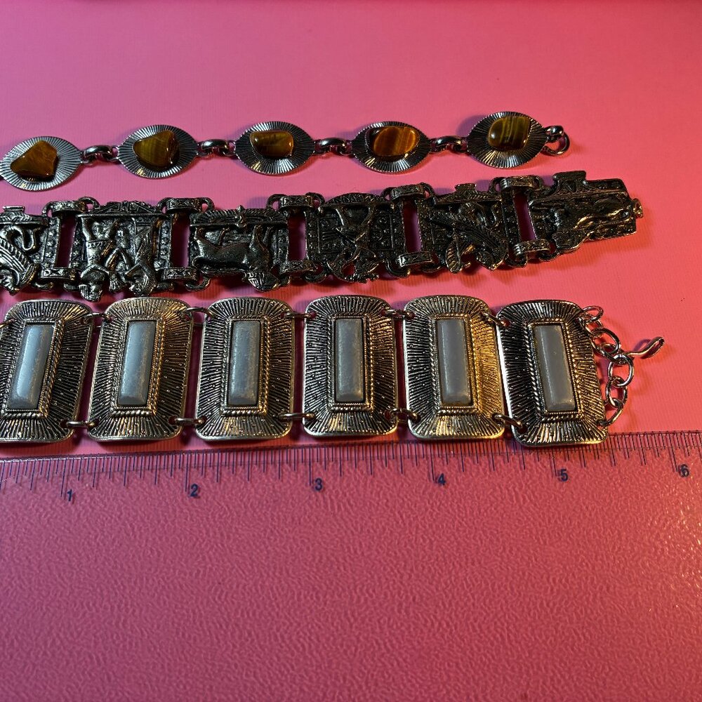 3 Bracelets * Tiger Eye Teeth Silver tone* Celluloid Blue Rectangles* Egyptian